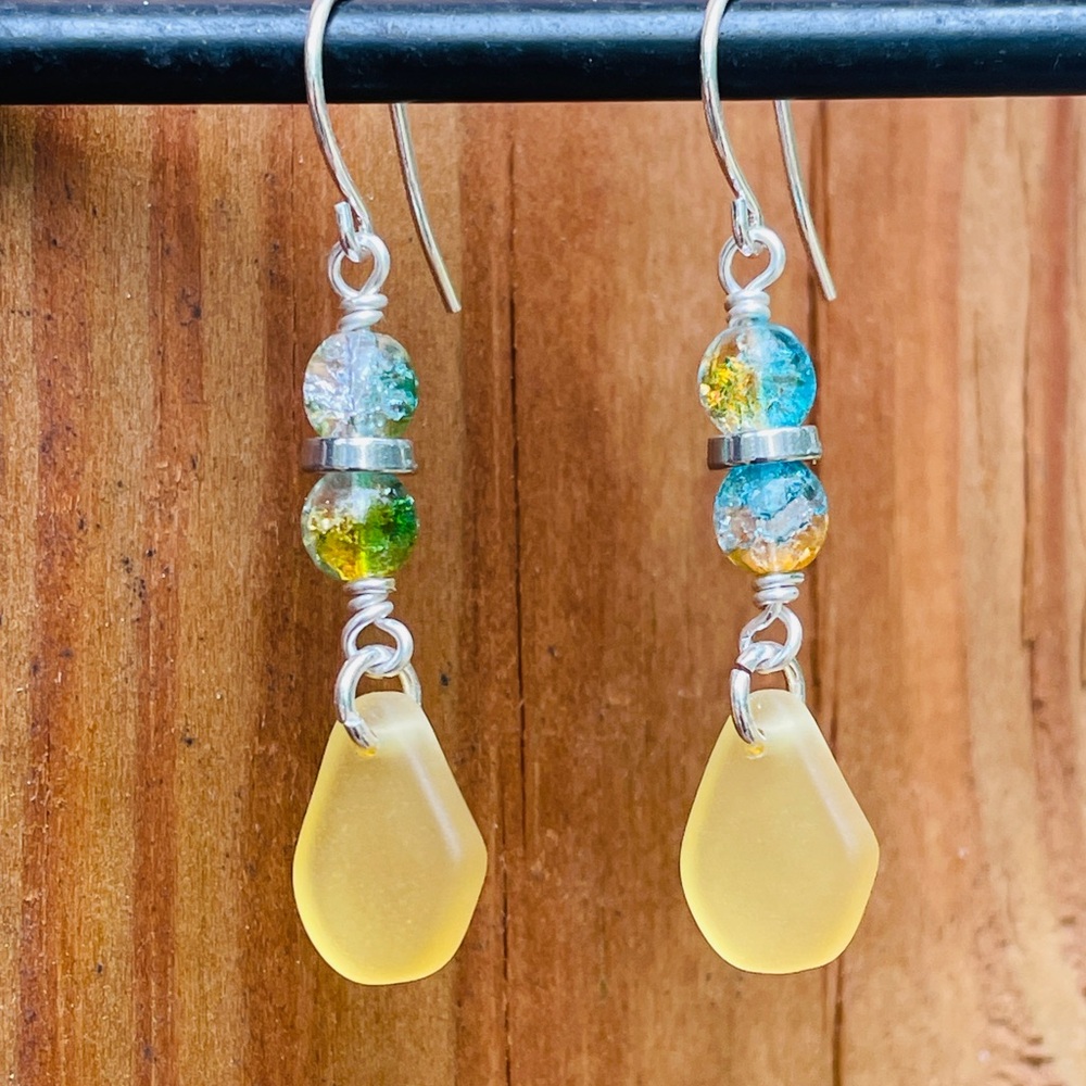 Yellow Sea Glass Dangle Czech Beaded Earrings